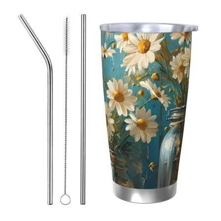 

Zeuib Delicate White Daisy Jars Printed 20oz Stainless Steel Insulated Car Cup Stainless Steel Thermal Cup Vacuum Insulated Leak-proof Travel Mug Cup-Straw Three-piece Set