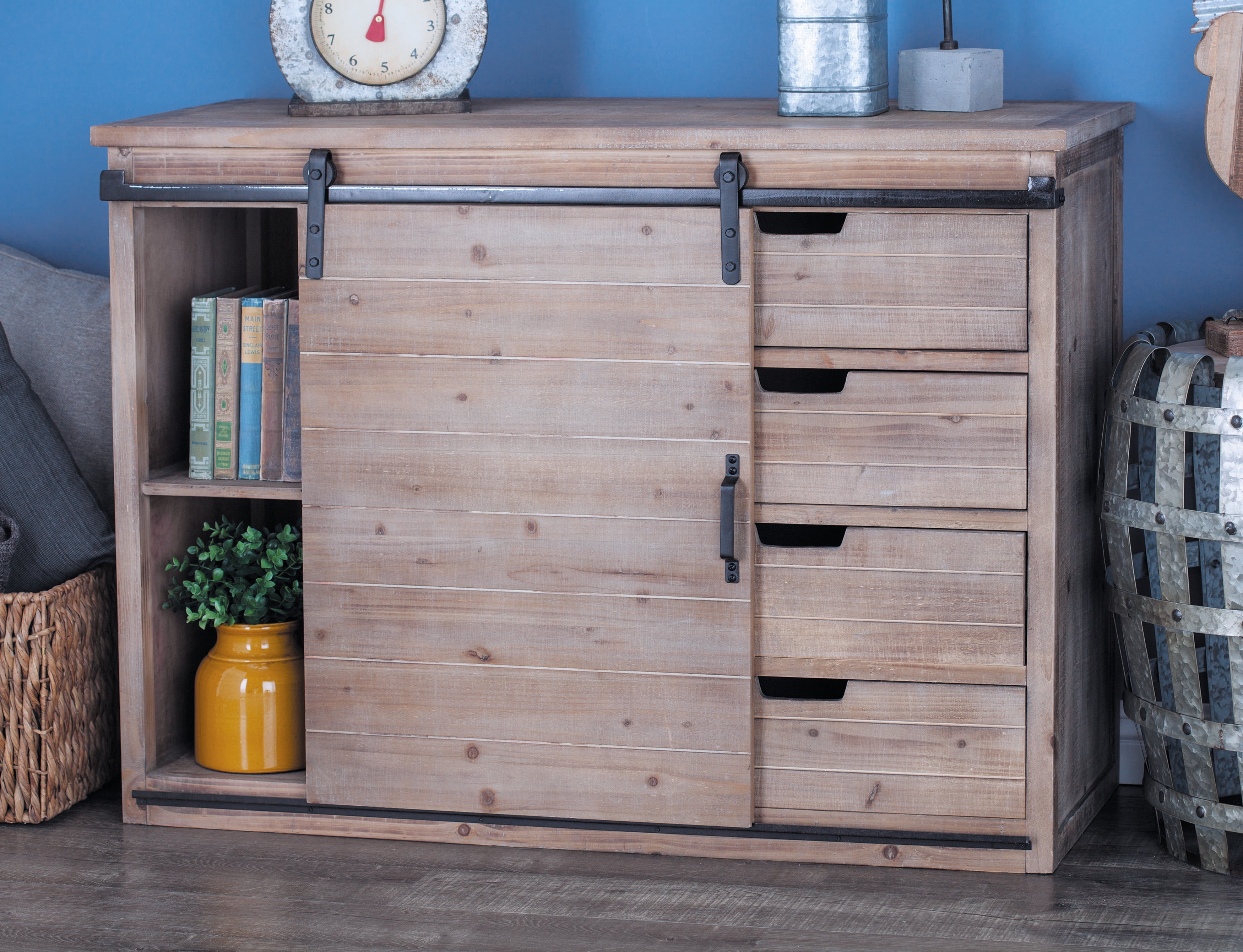 DecMode Wood Rustic  Cabinet  with Sliding Door  Brown 44 W 