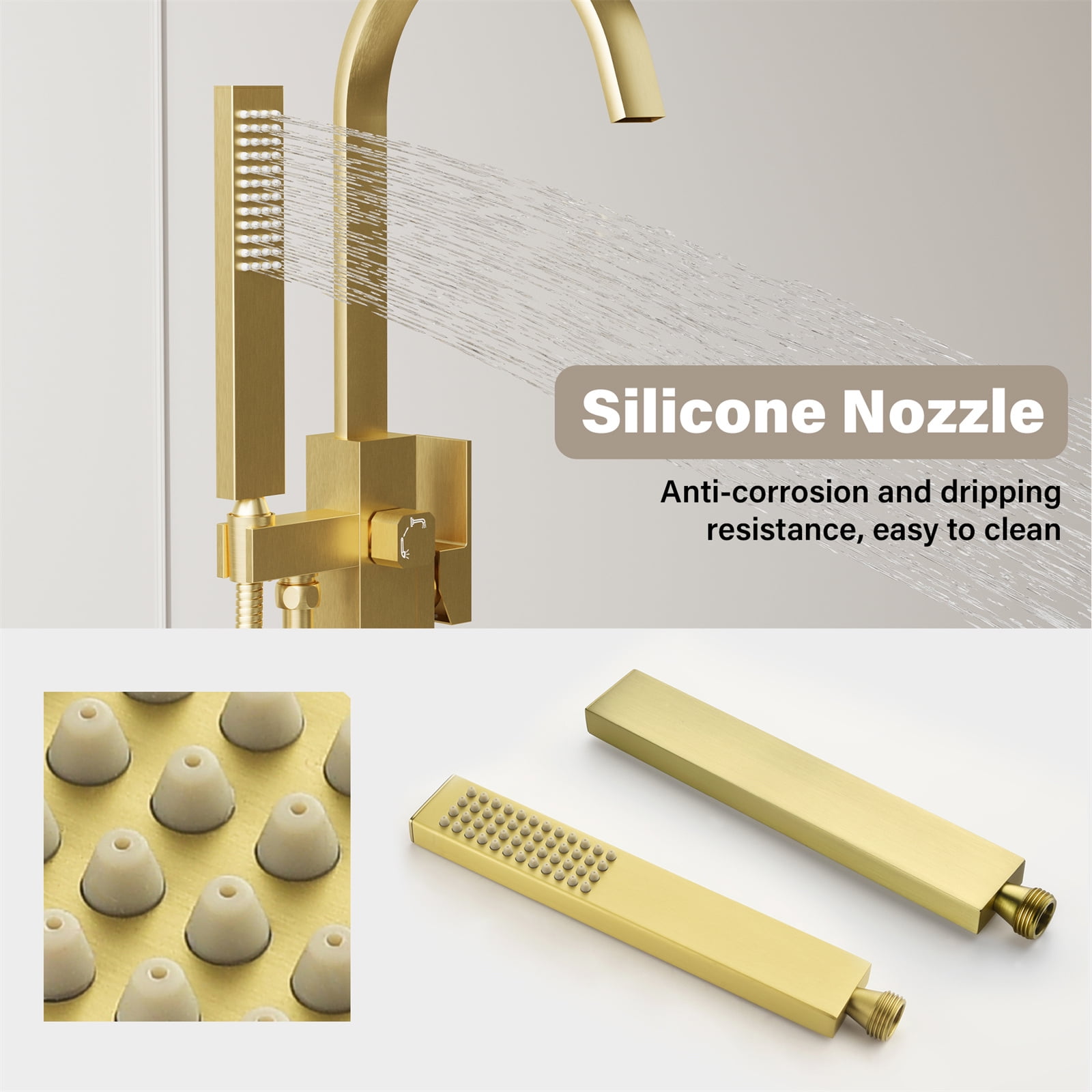 ANGELES HOME Free Standing Bathtub Faucet, Single Handle Floor Mounted Tub Filler Faucet with Handshower, Brushed Gold