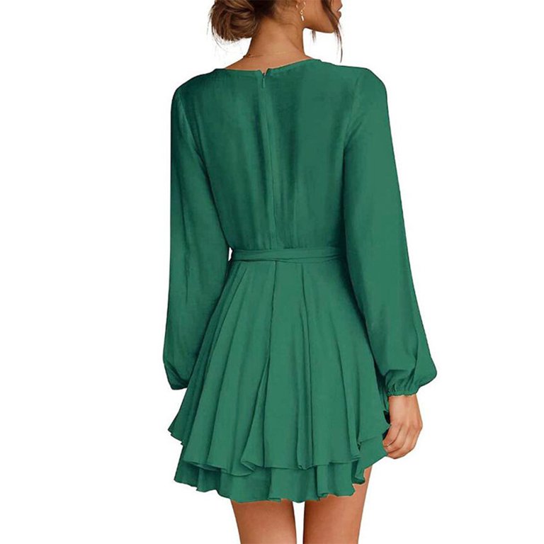 Mrat Long Sleeve V-Neck Knee-High Dress Smocked Midi Dress Ladies V-neck  Solid Slimming Ruffle Hem Ruched Long Sleeve Bandage Mini Dress Ruched  Dresses For Female - Walmart.com