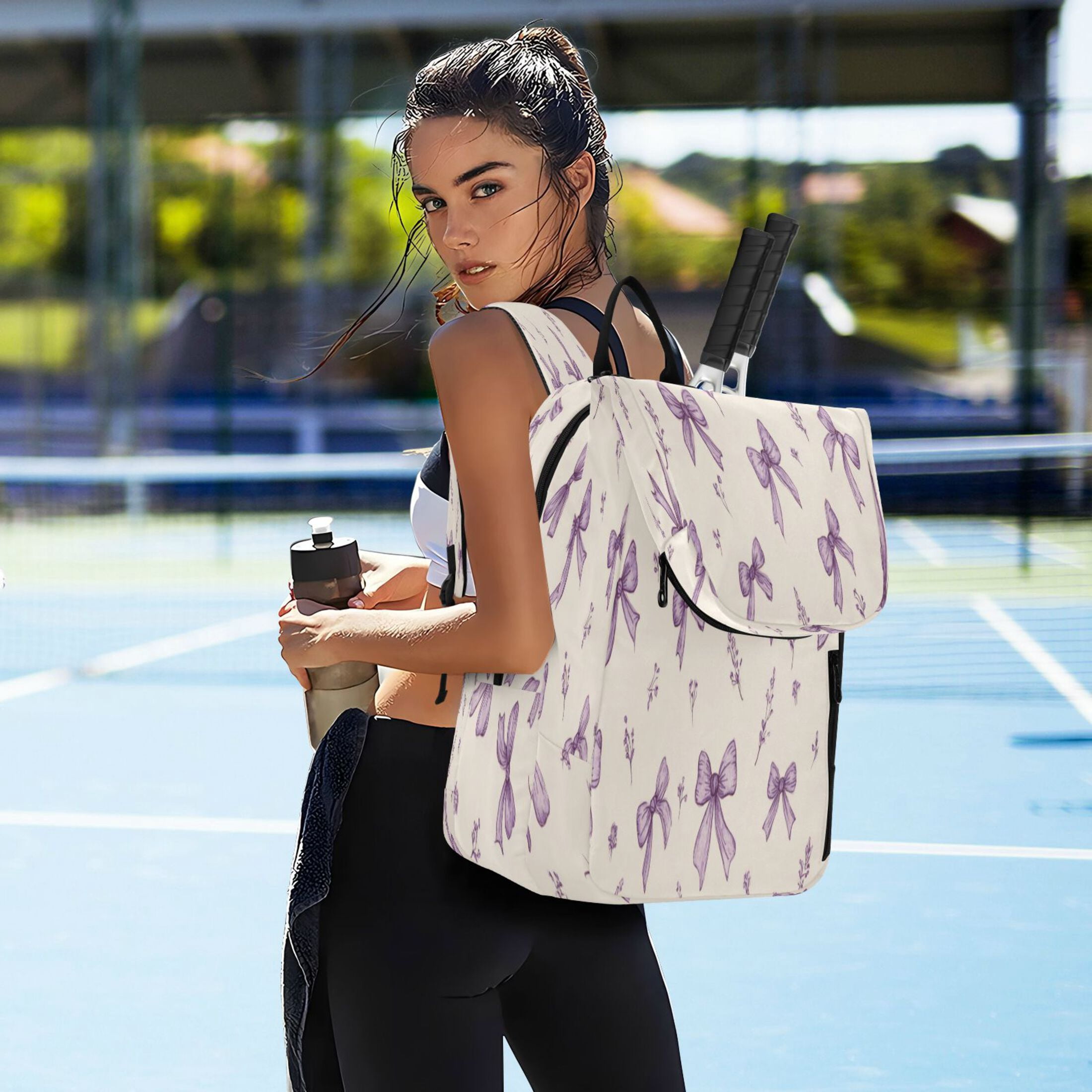2 Racquet Holder Tennis Backpack Tennis Racket Covers Gym Bags Pastel Lavender Bows