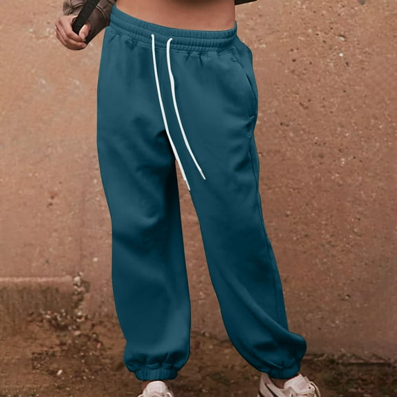 Antqov Sweatpants Women, Elastic Waist Solid Color Drawstring Straight Cuffed Joggers with Pockets, Outdoor Fitness Comfortable Loose Casual Pants