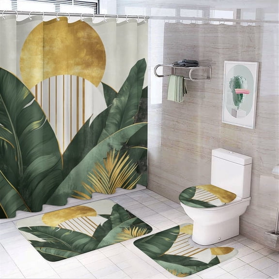4Pcs Shower Curtain Set with Rugs Bath Mat U-Shaped Floor Mat Toilet Lid Oval Rug Green Boho Tropical Modern Waterproof Durable Bathroom Decor Shower Modern Tropical Summer for Bathroom Decor