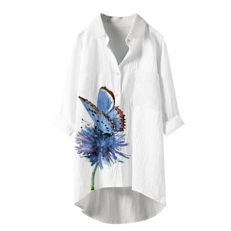 

Blouse for Women Novelty Print V Neck Tunic Tops Roll Up Long Sleeve Lightweight Comfy Shirt High Low Long T-Shirt