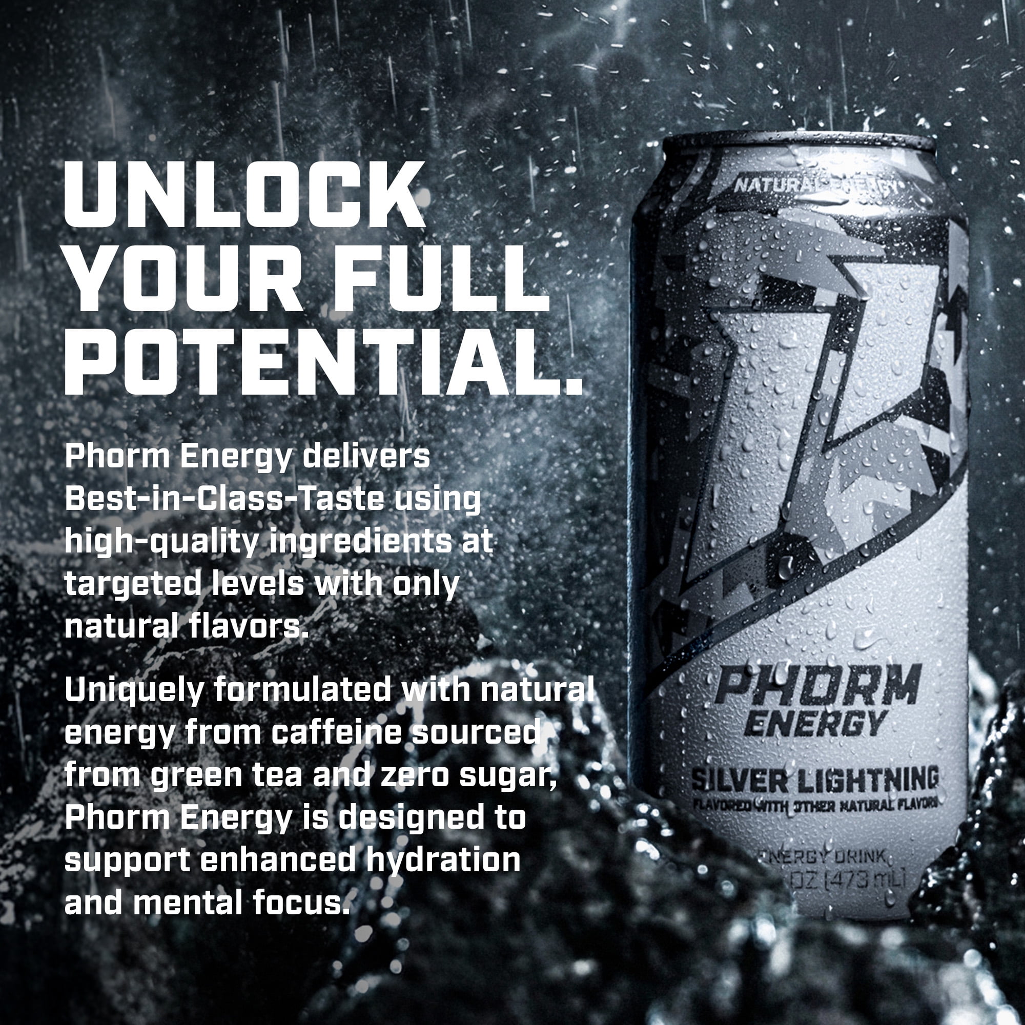 Phorm Sugar Free Energy Drink, Silver Lightning Flavor, 16 fl oz Cans, 12 Pack, 200 MG Natural Caffeine