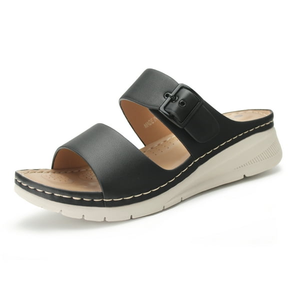 Hawkwell Women's Open Toe Walking Sandals Comfortable Adjustable Buckle Strap Dress Casual Slip On Wedge Slides Sandal