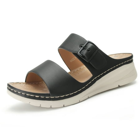 

Hawkwell Women s Open Toe Walking Sandals Comfortable Adjustable Buckle Strap Dress Casual Slip On Wedge Slides Sandal