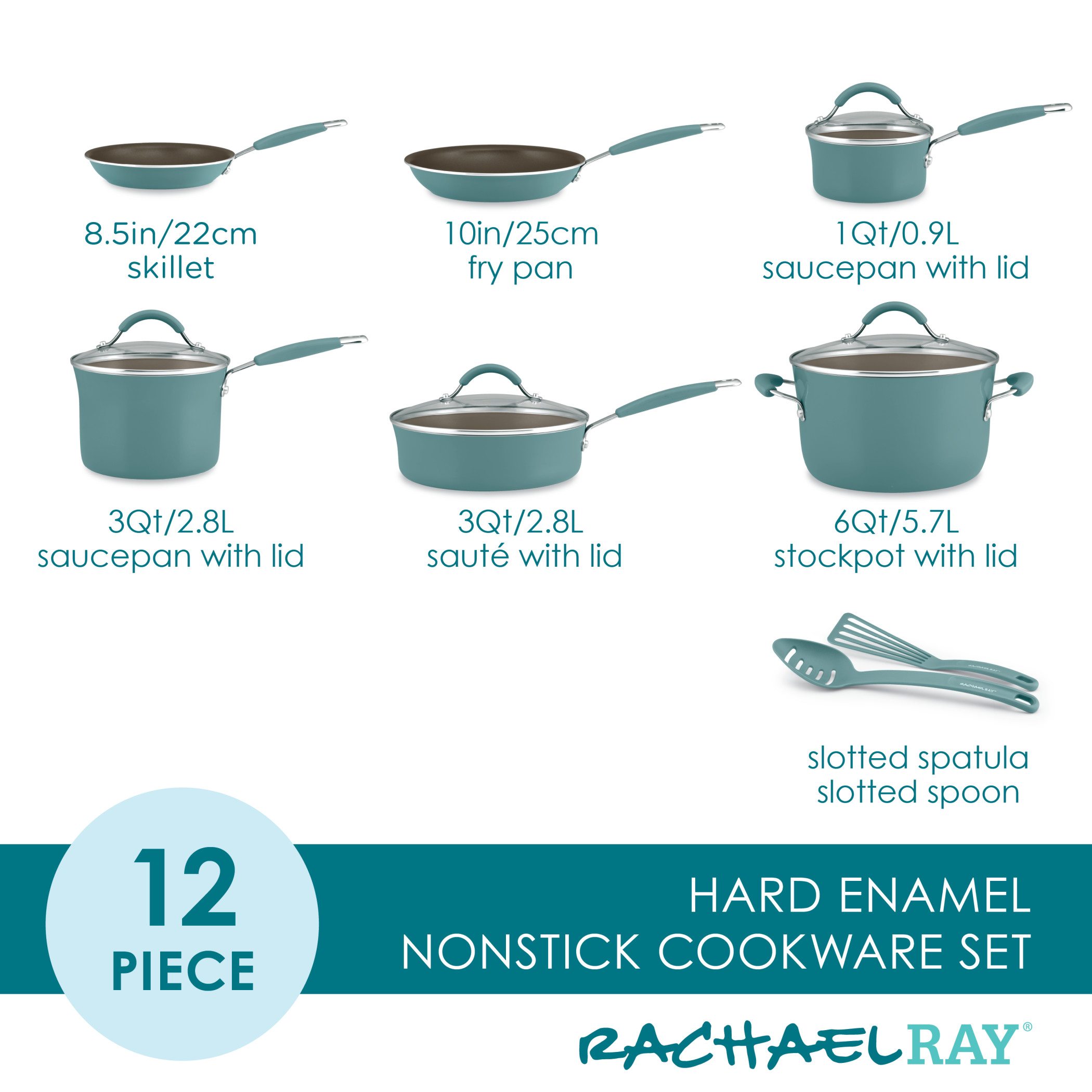 Rachael Ray Cucina 12 Piece Hard Porcelain Enamel Nonstick Pots and Pans Set, Agave Blue - image 5 of 7