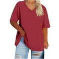 thumbnail image 2 of Feancey Oversized Tops for Women Plus Size Summer Short Sleeve T-Shirts Loose Fit V Neck Casual Blouse Solid Color Pullover Basic Tees Red XL, 2 of 4