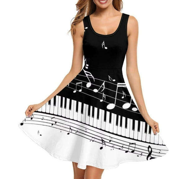 FKELYI Music Piano Keys Sleeveless Dress Size M Polyester Sleeveless Midi Dress for Women Comfortable Hoilday Twirl Swing Dresses