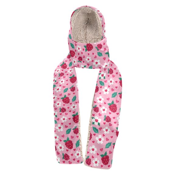 BZSMCE 3‑in‑1 Hooded Scarf with Pockets Soft Plush Lined Winter Hat Scarf Gloves Combo Heart Raspberry Flower Print Warm Neck Wrap for Outdoor Skiing Walking