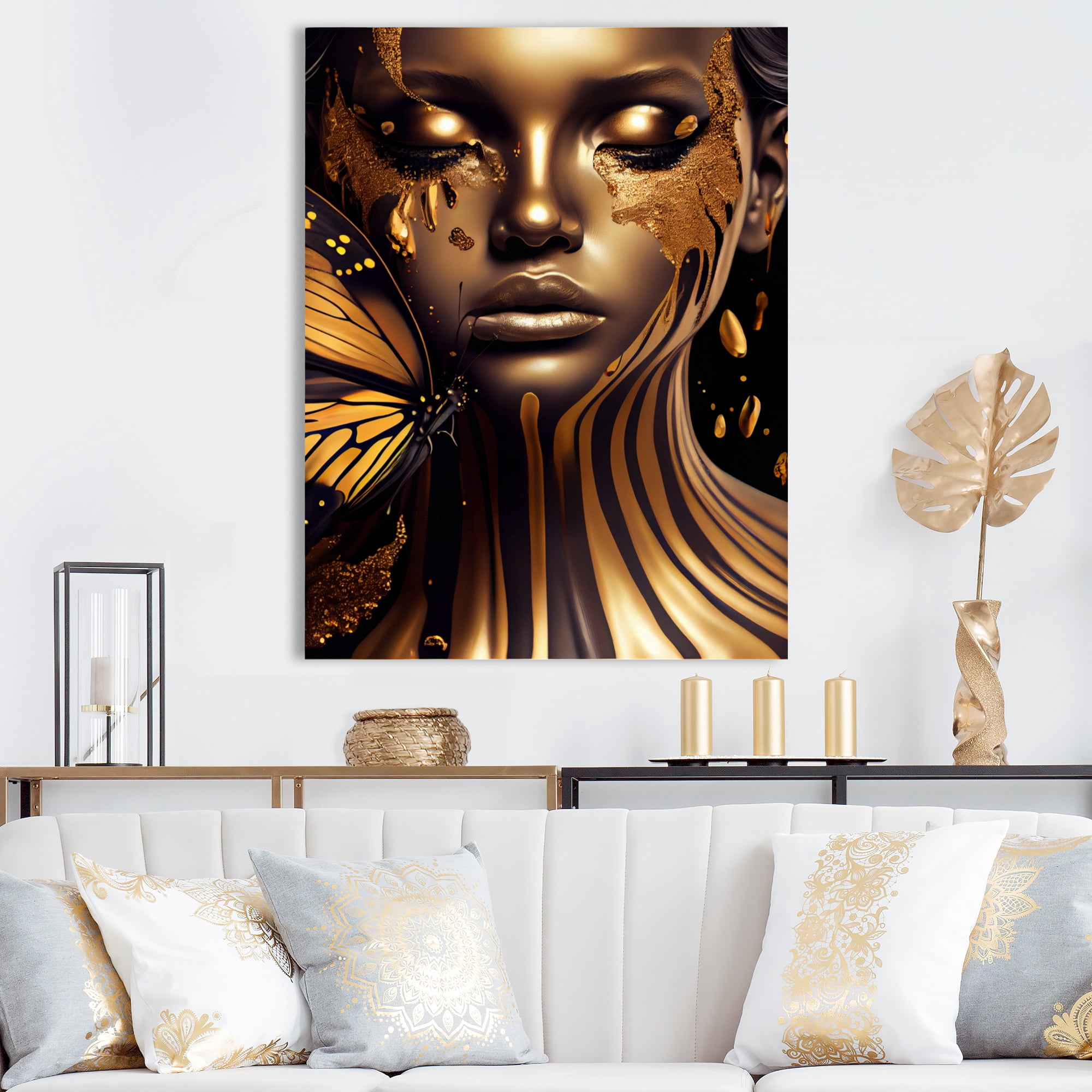 Designart Woman With Black And Gold Butterflies IV Canvas Wall Art
