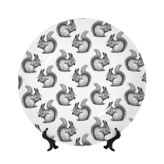 Picia Black Squirrel Pattern Bone China Decorative Plate – Wall Decor with Stand and Adhesive, Elegant Ornament for Living Room, Office, or Entryway-6in