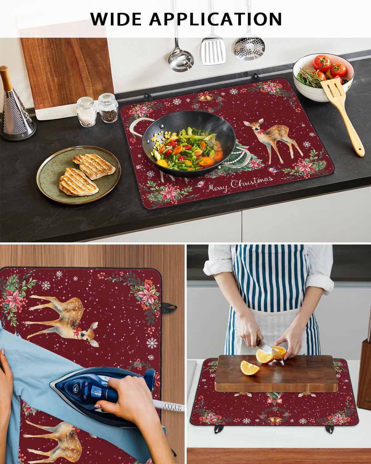 Large Induction Cooktop Protector Mat Christmas Reindeer Stove Top Covers for Electric Stove, Xmas Elk Pine Tree Red Poinsettia Floral Decorative Stove Burner Cover Mats, Glass Top Stove Cover