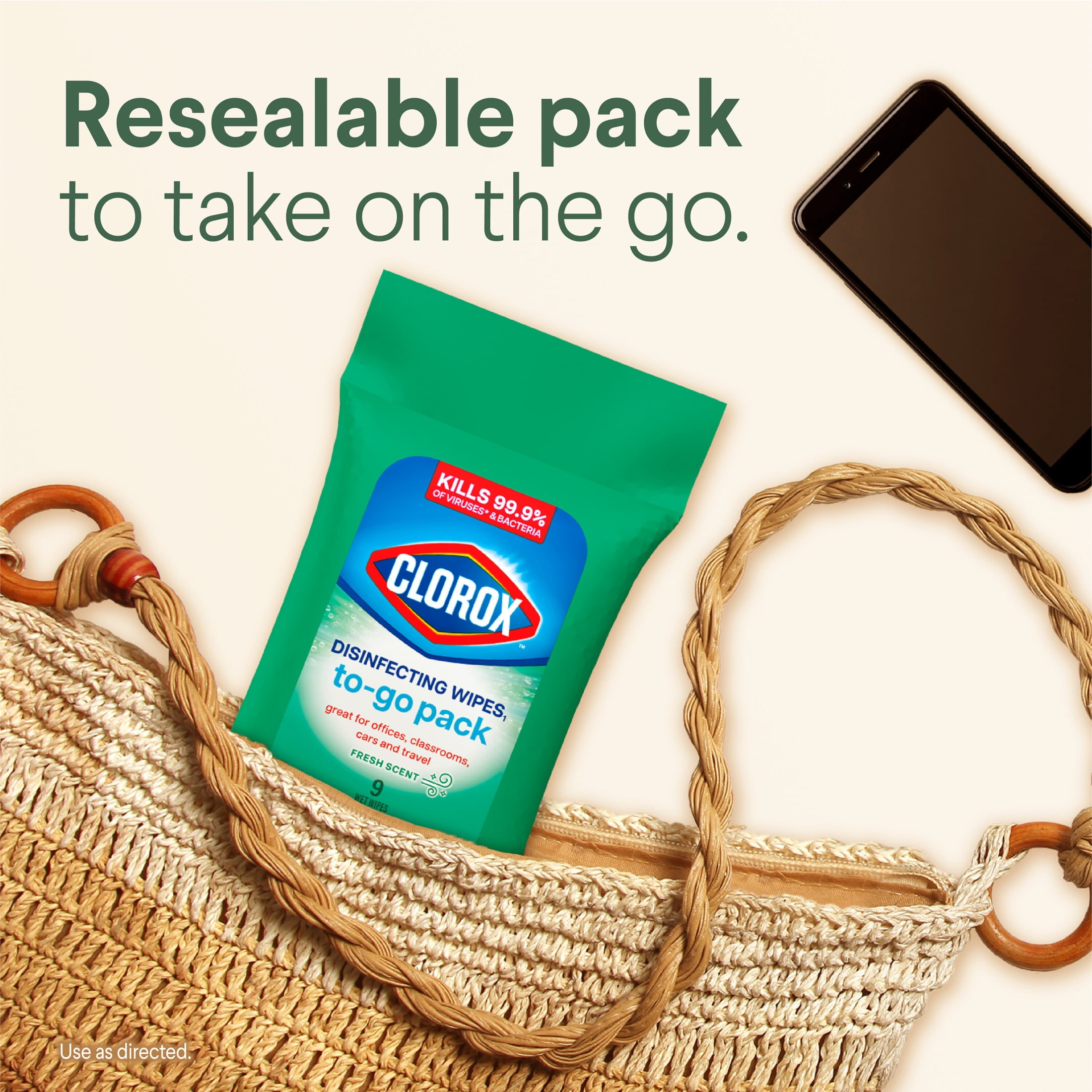 Clorox Disinfecting Wipes on the Go Bleach Free Travel Wipes, Fresh Scent, 9 Count