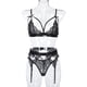 thumbnail image 4 of Conjunto de ropa interior de encaje floral de 3 piezas para mujer, sujetador sexy, bragas, liguero, negro, M Kearding XX000052-11, 4 of 7