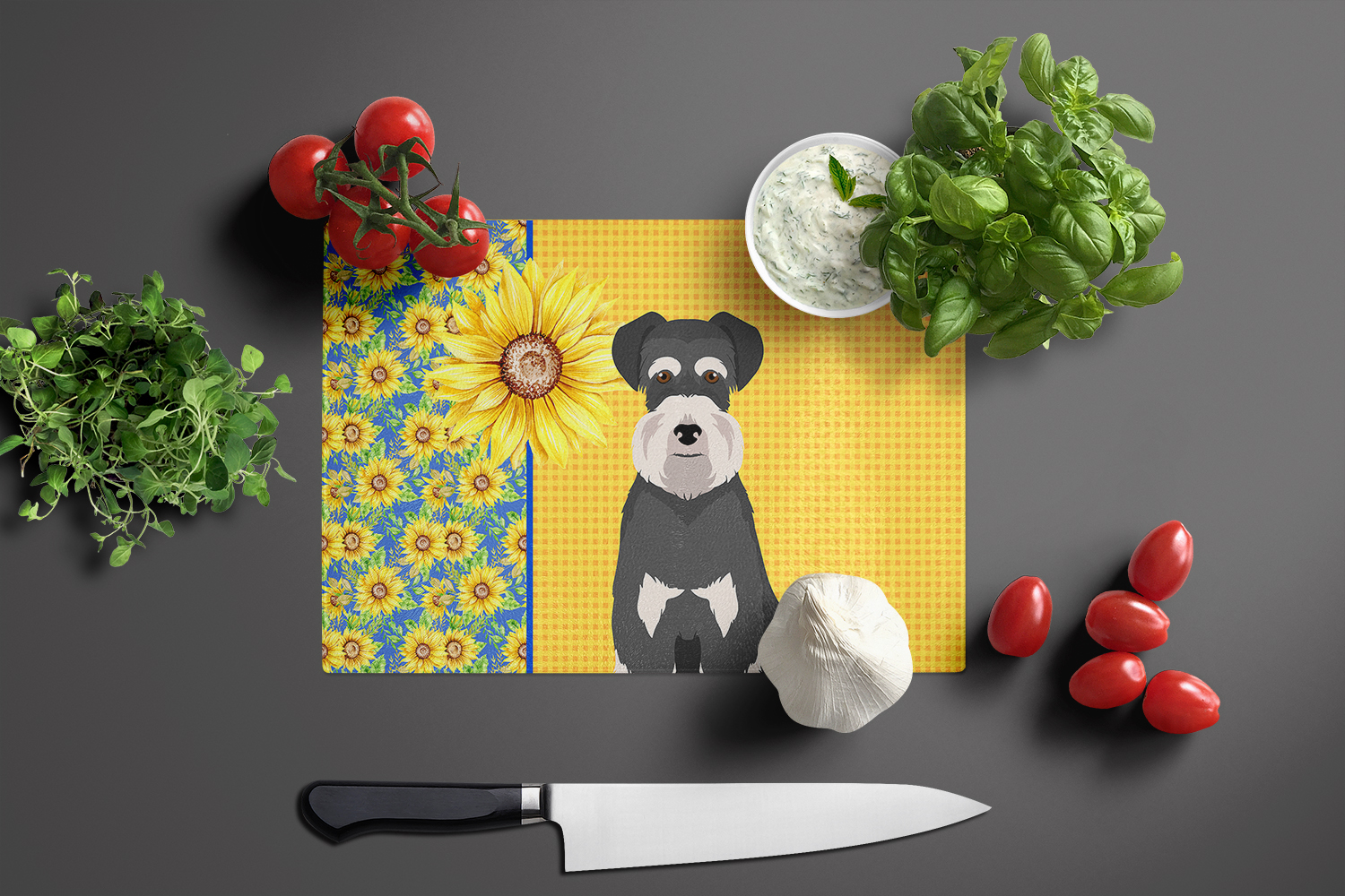 Summer Sunflowers Black and Silver Natural Ears Schnauzer Glass Cutting Board Large 12 in x 15 in