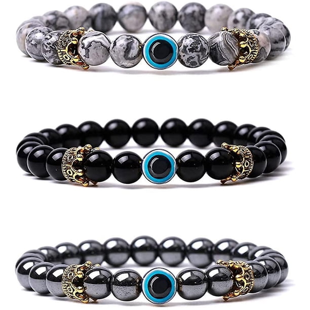 3 pulseras con cuentas de mal de ojo para mujeres y hombres, pulseras de cuentas de piedras preciosas de piedra natural de 8 mm, pulsera de la suerte turca de mal de ojo azul para protección y