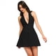 thumbnail image 2 of Vestido Corto Ajustado Sin Mangas con Cuello Halter, Solapa y Espalda Descubierta para Mujer, Plisado, con Botones Al Frente y Corte en A. Negro L, 2 of 9