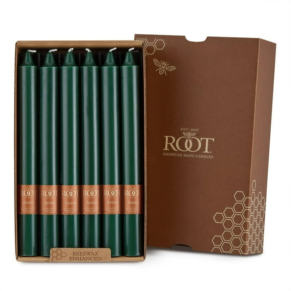 ROOT Candles Unscented Smooth Arista™ Taper Candles, 9-Inch Tall, Box of 12, Color: Dark Green