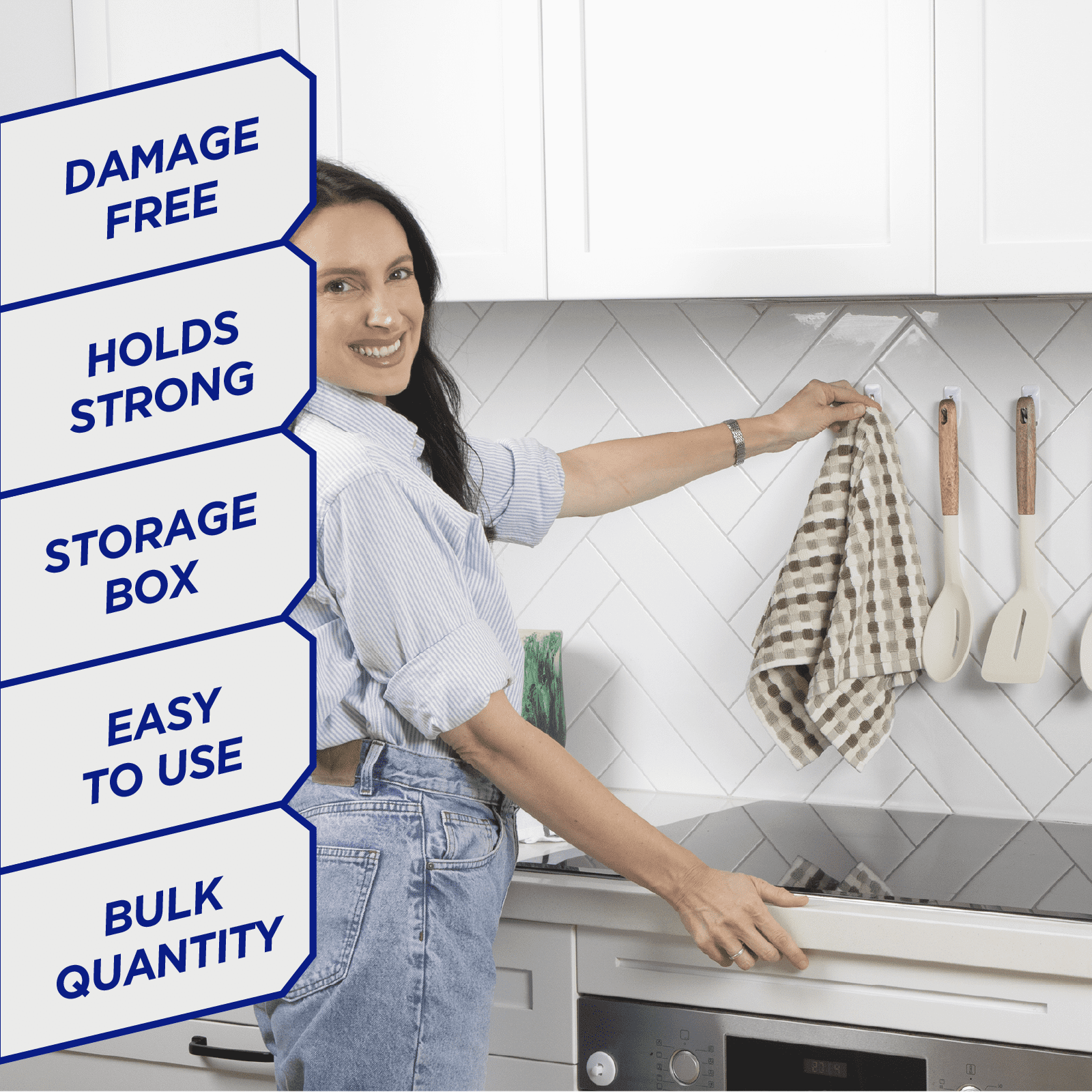 Permastik Adhesive Wall Hooks (60 Pack) – Damage-Free Removable Hooks, Small Kitchen Hooks for Hanging Utensils, Keys & Home Organisation