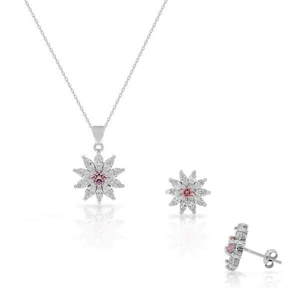 925 Sterling Silver White Pink Red CZ Flower Stud Earrings Pendant Necklace Set