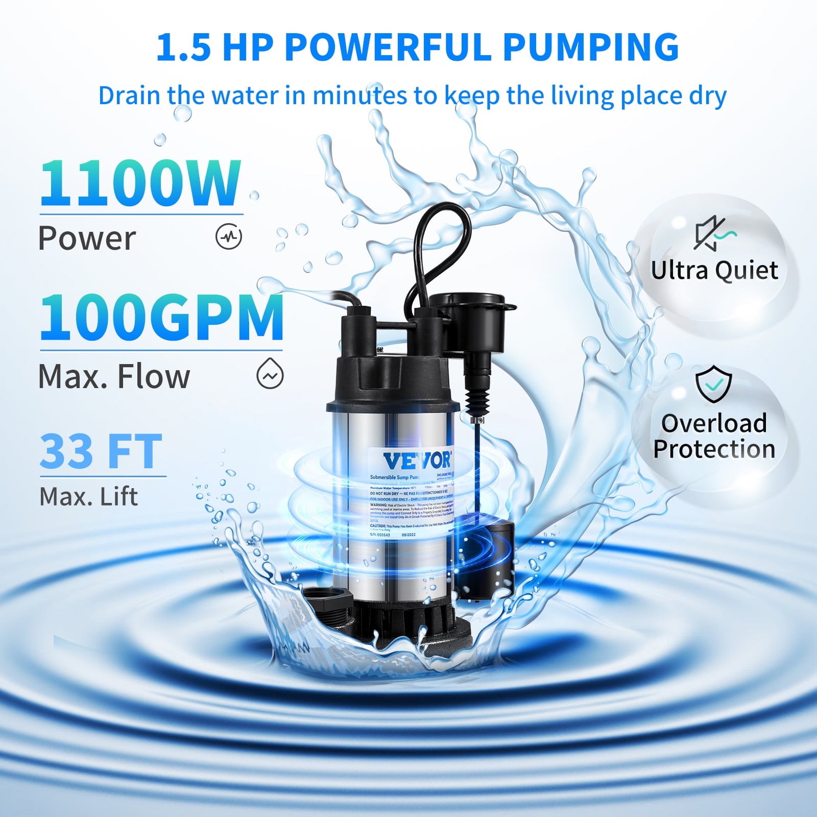 VEVOR 1.5 HP Submersible Cast Iron and Steel Sump Pump, 6000 GPH Submersible Water Pump with Integrated Vertical Float Switch, for Basement Water Basin and Flooding Area Tested to UL Standards
