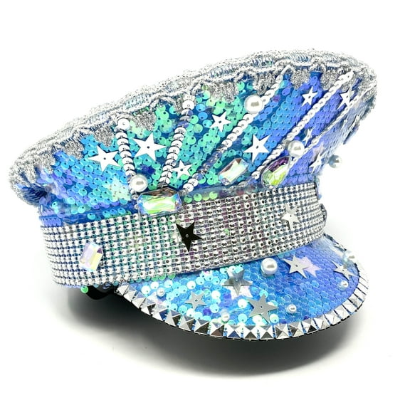 RAVE Captain Style Luxury Rhinestone Sequin Sparkly Concert Hat for Music Festivals