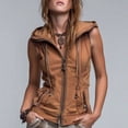 thumbnail image 1 of Women's Vintage Washed Brown Hooded Vest Sleeveless Distressed Utility Outerwear Adjustable Drawstrings Zipper Pockets Bohemian Retro Layering Jacket, 1 of 5