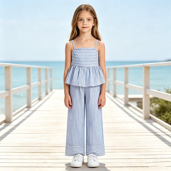 Angala 2 Piece Outfits For Girls Square Collar Sleeveless Striped Tank Top With Wide Leg Pants Set Girls Autumn Daily Wear Clothes