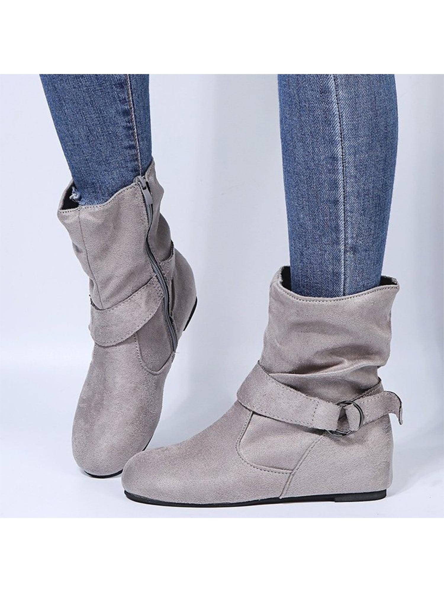 Daeful Womens Booties Mid Calf Slouch Boots Winter Buckle Flat Heel Boots Gray 7 Walmart