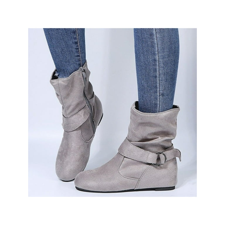 Daeful Womens Booties Mid Calf Slouch Boots Winter Buckle Flat Heel Boots Gray 7