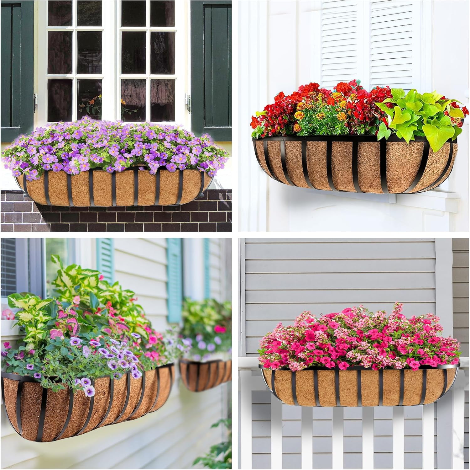 Y&M 2pcs 24 Inch Window Deck with Coco Liner, 24" Window Boxes Horse Trough with Coconut Coir Liner, Black Metal Hanging Flower Planter Window Basket Deck Railing Planter Boxes for Outdoor Indoor