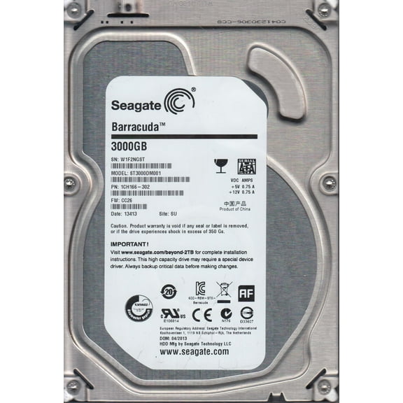 ST3000DM001, W1F, SU, PN 1CH166-302, FW CC26, Seagate 3TB SATA 3.5 Hard Drive