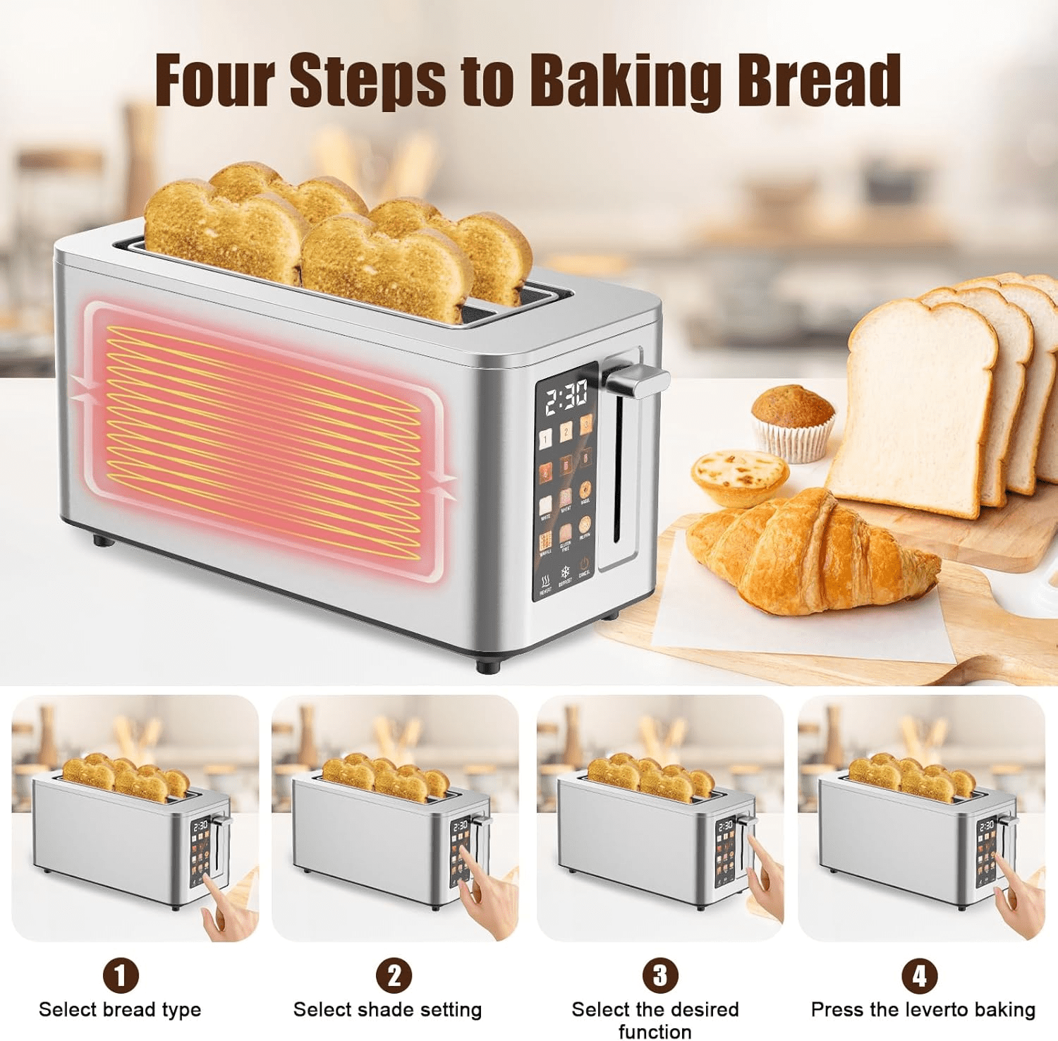 Digital 2 Slice Toaster, Stainless Steel Touchscreen Bread Toaster with LED Countdown Timer, 1.5" Extra Wide Slots, 6 Bread Types & 6 Shade Settings, Defrost/Reheat/Cancel Functions, Silver
