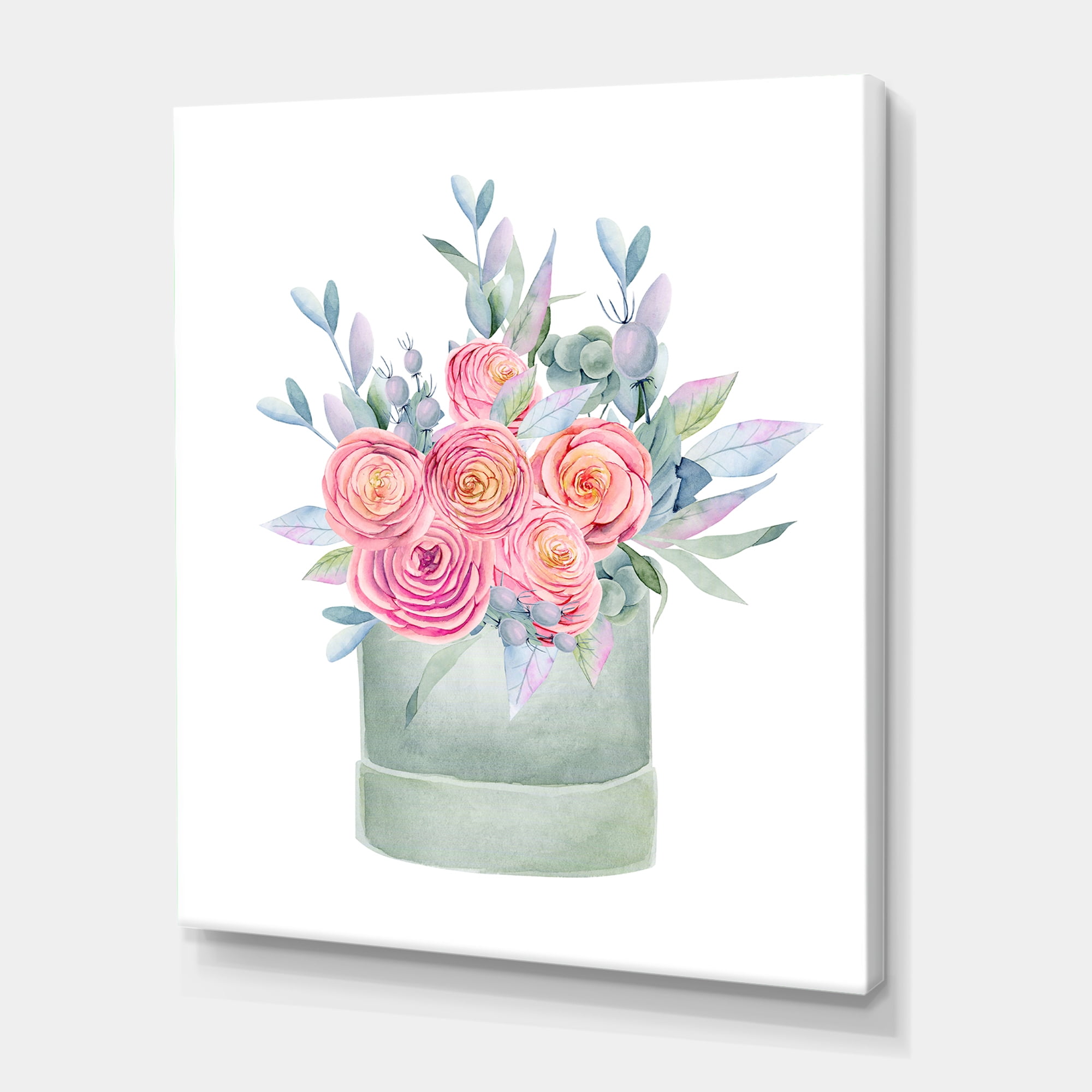 Pink Roses With Gift Box 8 in x 12 in Painting Canvas Art Print, by Designart