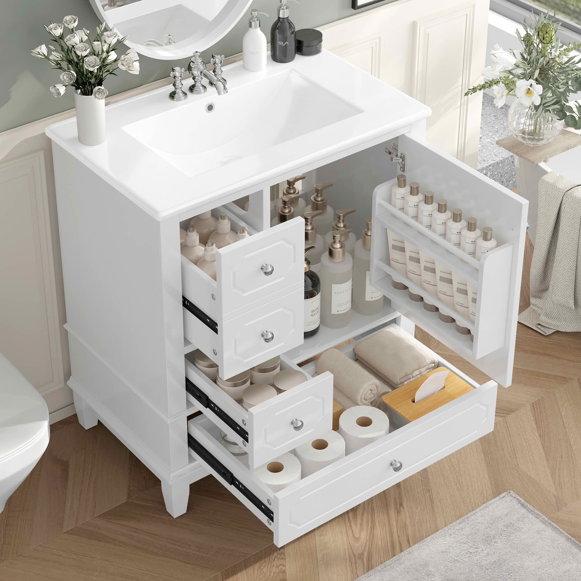 MAYEERTY 30" Bathroom Vanity with Sink, Freestanding Cabinet Ceramic Basin Solid Wood Frame Soft-Close Door 3 Drawers Painted MDF Rubber Wood, Storage Shelves Included, White