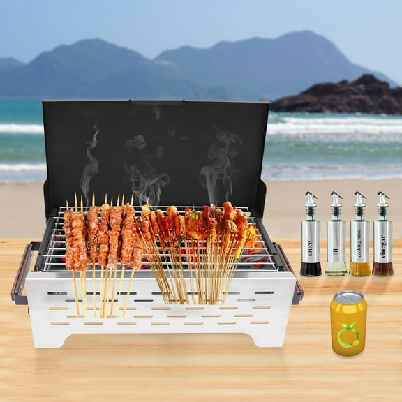 15.75*8.27-inch Portable Charcoal Grill, Folding Camping Grill, Outdoor BBQ Grill Foldable Design With Anti-scald Solid Wood Handles