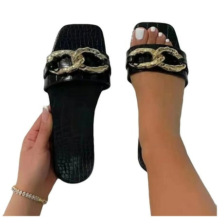 

Women Fashion Open Toe Slide Slippers Non-Slip Metal Buckle Flat Bottom Shoes