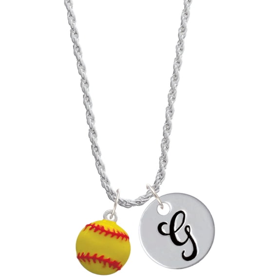 Delight Jewelry Silvertone Large Optic Yellow Softball Silvertone Script Initial Disc - G - Charm Necklace, 20"+3"