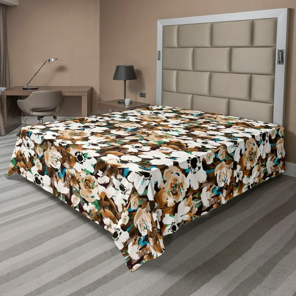 Ambesonne Earthy Flowers Flat Bedding Sheet Soft Top Sheet, Rose Anemone Detais, California King, Ginger Chocolate White