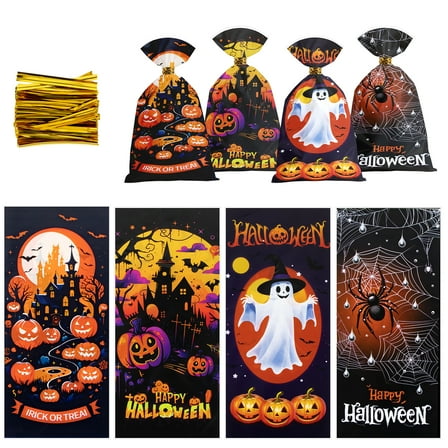 Ninonly 200 Pcs Halloween Candy Bags, Halloween Treat Bags with Twist Ties, Halloween Goodie Bags for Cookie Snack Popcorn, Trick or Treat Hallowen Party Supplies-B