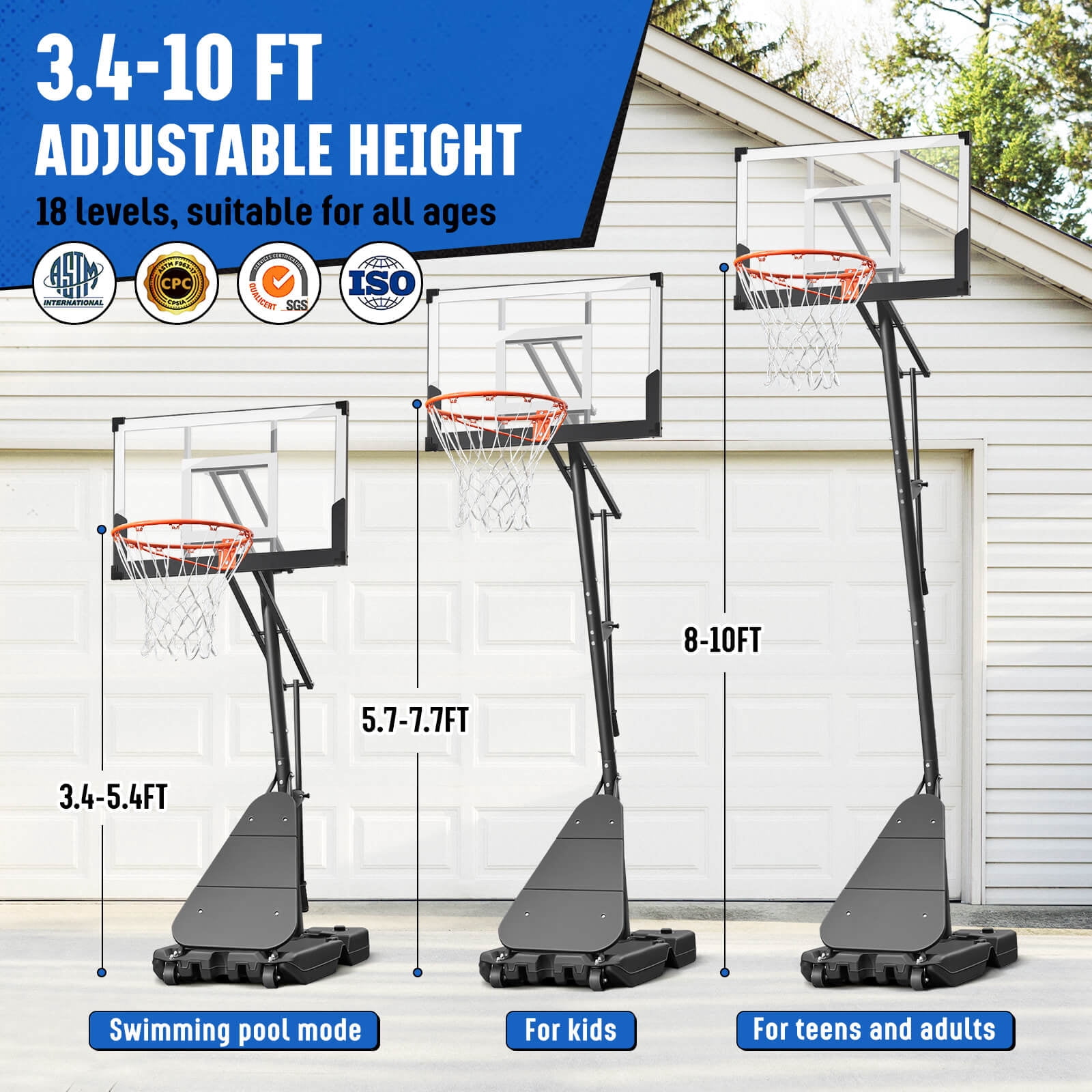 SERAY Adjustable Basketball Hoop 3.4-10 Feet, Portable Basketball Goal with 40 Inch Shatterproof Backboard & Wheels, Indoor/Outdoor Basketball System for Kids, Teens & Adults