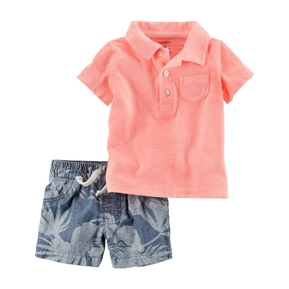 Carter's Baby Boys' 2-Piece Neon Polo & Chambray Floral Short Set, 9 Mo