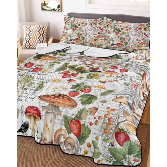 Mushroom Full Size Down Alternative Comforter, Lightweight Comforter Quilt Bedding Set with Pillow Shams Pastoral Summer Botanical Watercolor Vintage All Seasons Bed Comforter Duvet Insert 78"x90"
