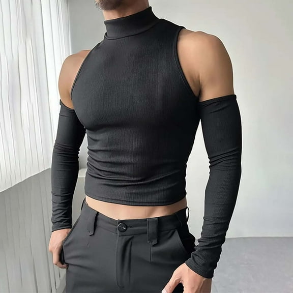 Donemore Men's Fitness Workout Off-Shoulder Long Sleeve High Neck Slim Fit Casual Solid Color Trendy Top
