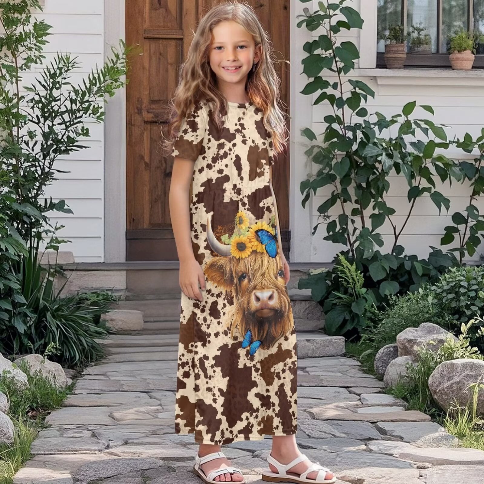Uourmeti Brown Highland Cow Print Girls Summer Short Sleeve Dress Crew Neck Loose Casual Flowy Tiered Maxi Dress with Pockets Cute Clothes, Size 13-14 Years