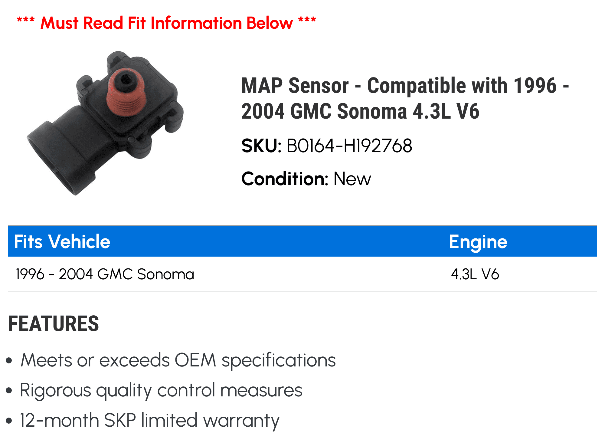 MAP Sensor - Compatible with 1996 - 2004 GMC Sonoma 4.3L V6 1997 1998 1999 2000 2001 2002 2003
