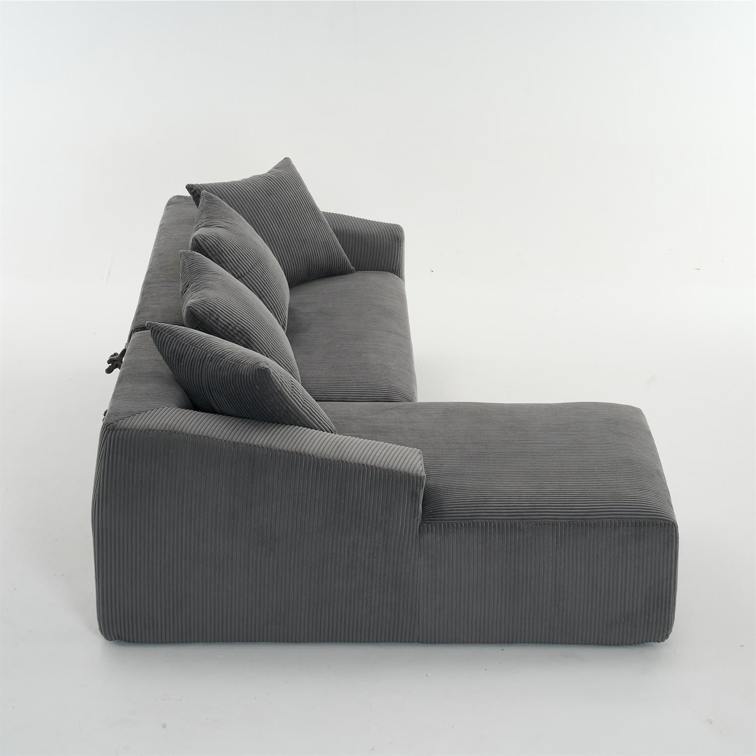 Demi Bonn 101" Corduroy Compression Sofa with Chaise Lounge, 3-Seater Couch with Full Sponge Cushion & 4 Pillows, Ideal for Living Room, Dark Gray