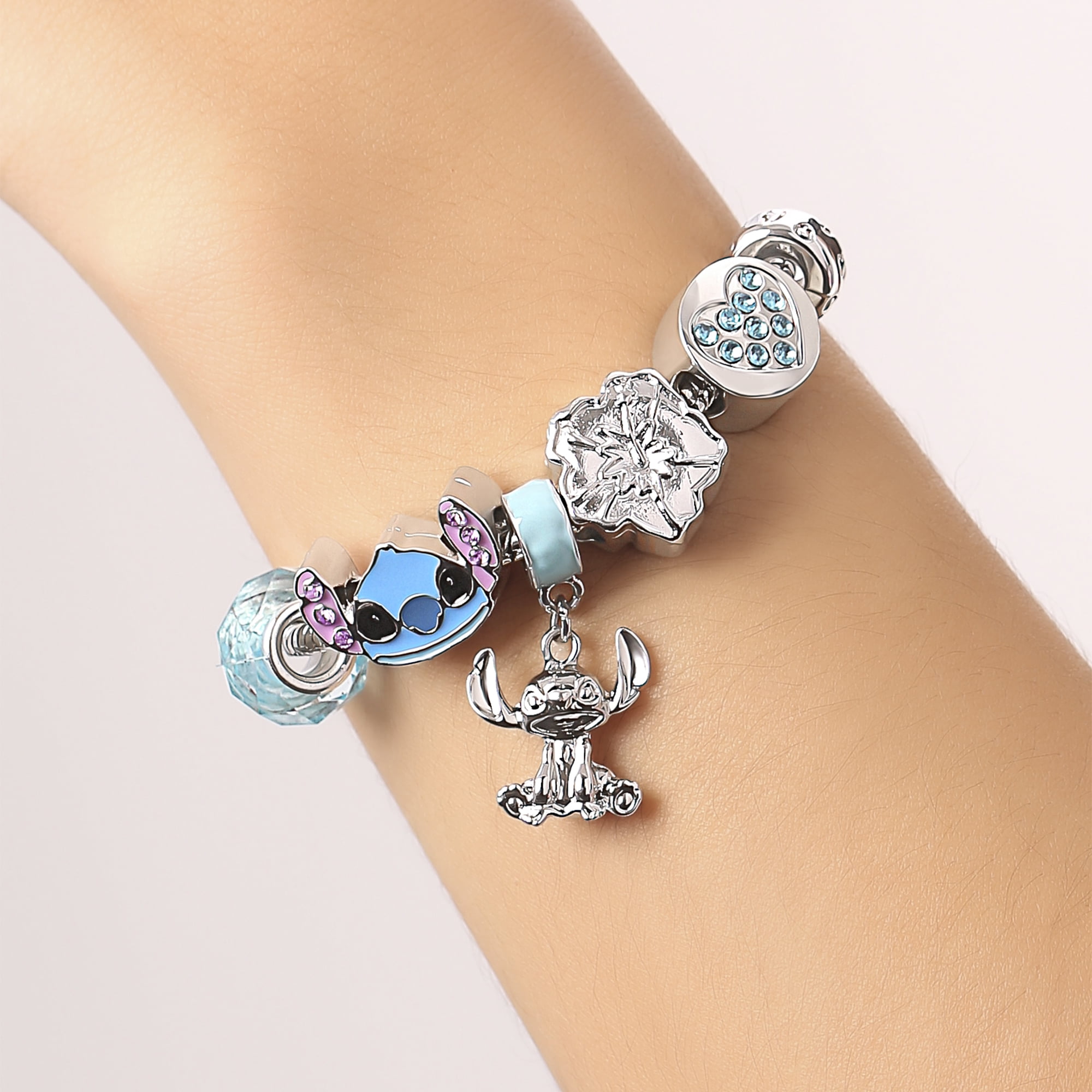 Disney Stitch Fashion 7" Charm Bracelet with Blue and Silver Tone Enamel Beads